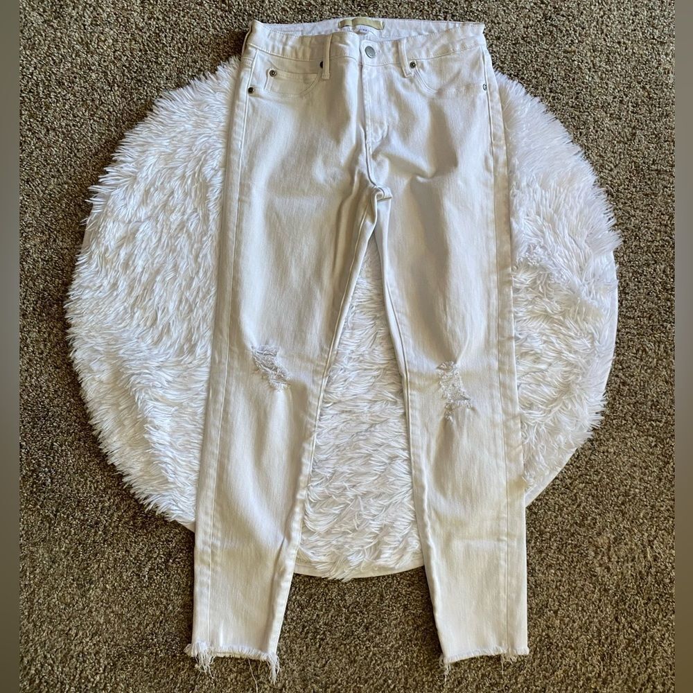 Leith Mid Rise Skinny Jeans Raw Ankle White Distressed Womens Size 26